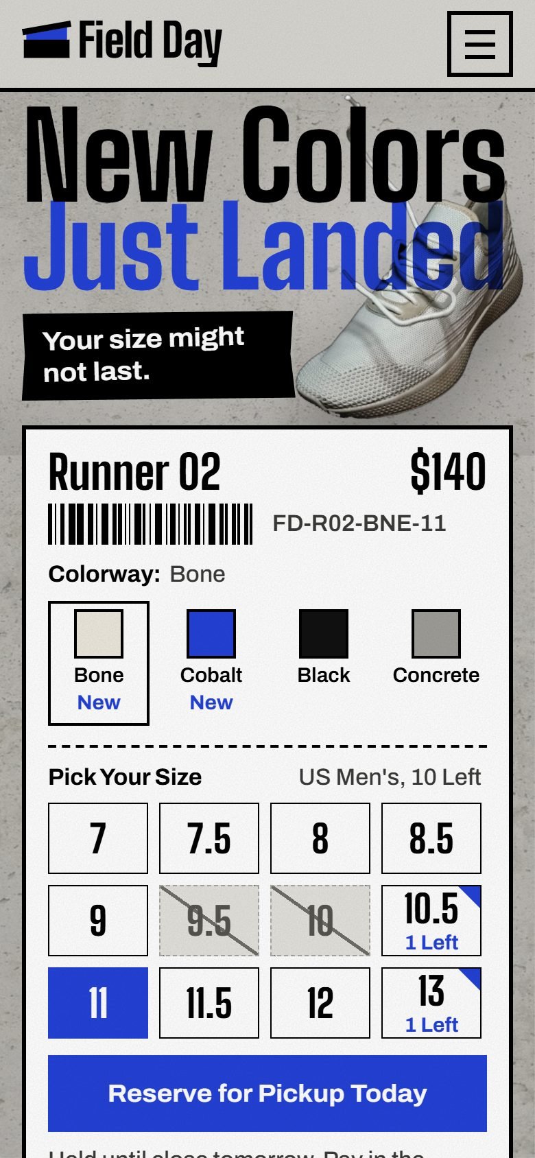Field Day, a demo site, at phone size.