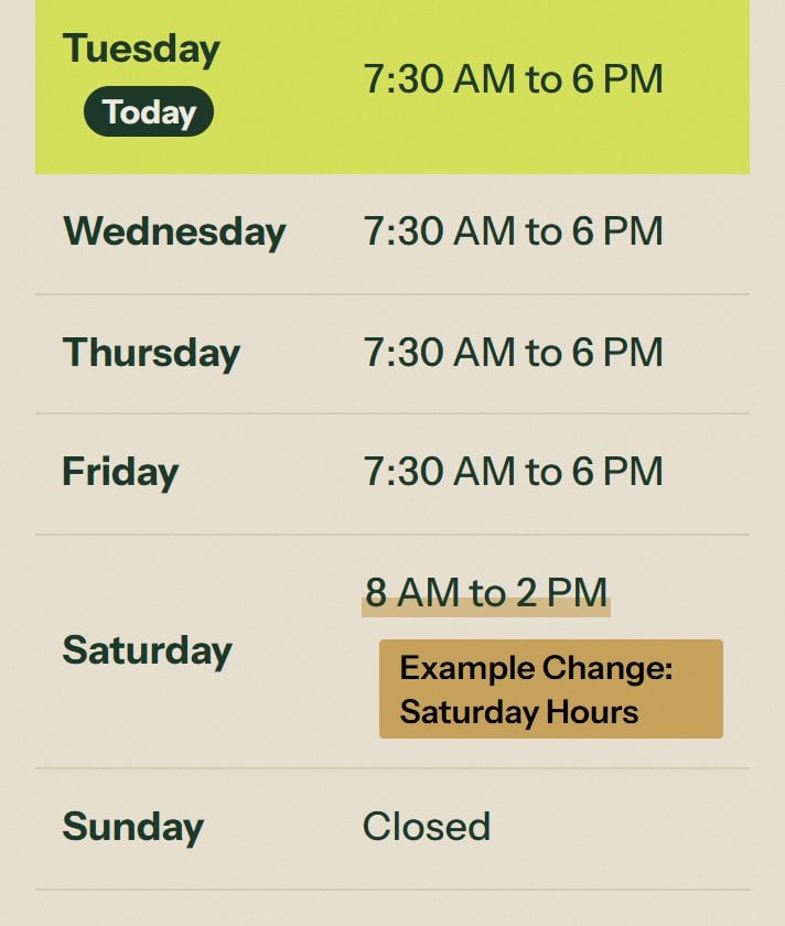 Brazos Valley Animal Clinic, after the change: Saturday in the hours table now runs from 8 AM to 2 PM.