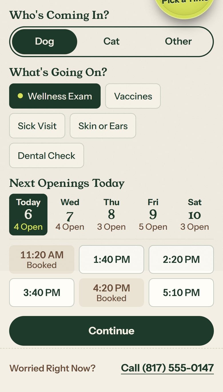 The Visit Booking on Brazos Valley Animal Clinic’s site, at phone size.