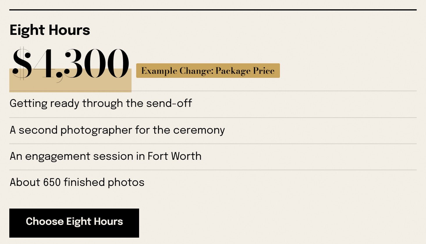 Juniper Field Photography, after: The Eight Hours package shows its new price of $4,300.