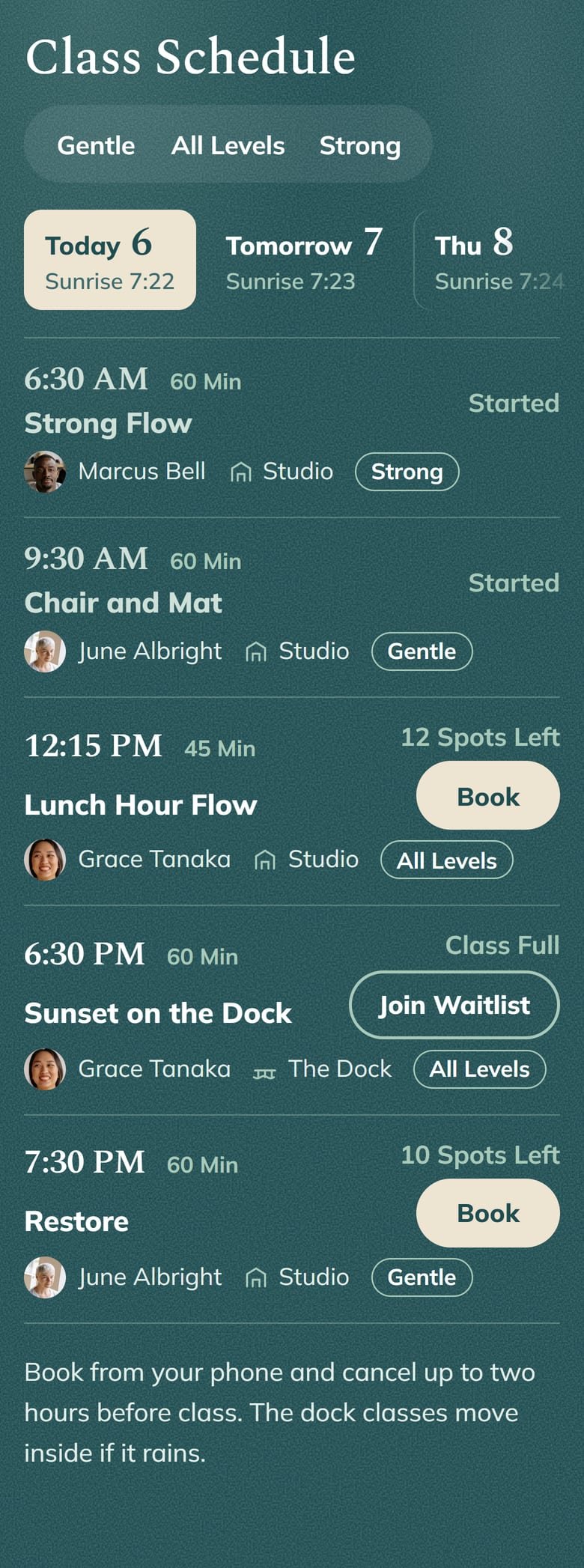 The Class Schedule on Saltwater Yoga’s site, at phone size.