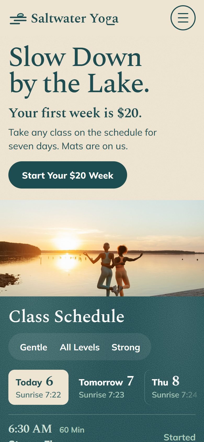 Saltwater Yoga, a demo site, at phone size.
