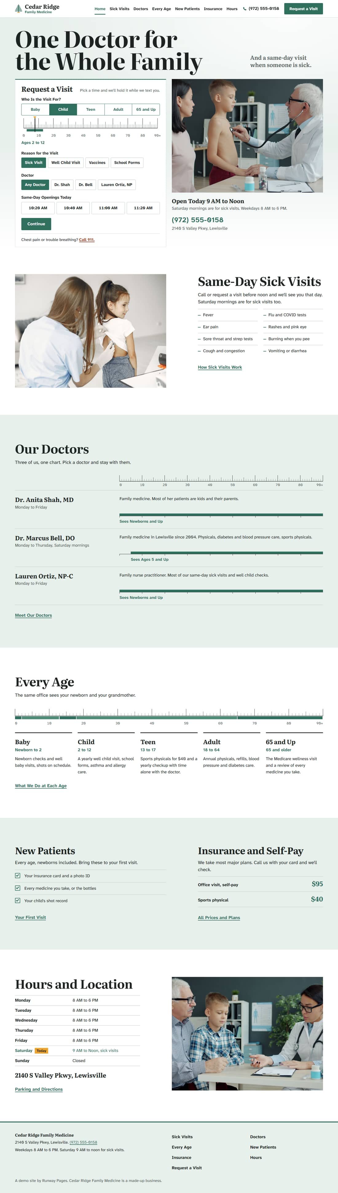 Cedar Ridge Family Medicine, a demo for a made-up family practice in Lewisville: its whole home page, top to bottom.