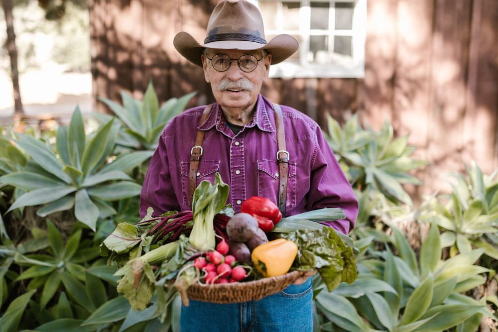 A farmer in a straw hat and suspenders holding a basket of fresh vegetables