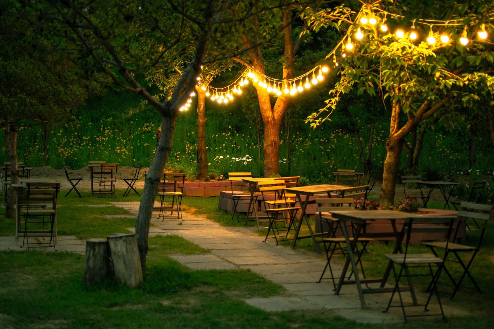 The beer garden at dusk, tables under strings of lights between the trees