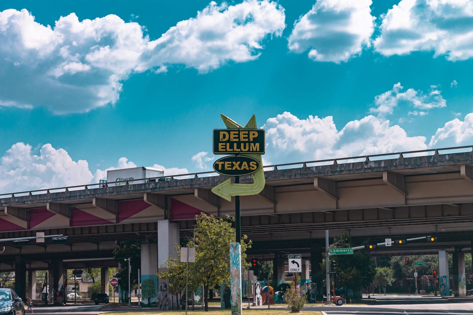 The Deep Ellum sign under the highway overpass in Dallas