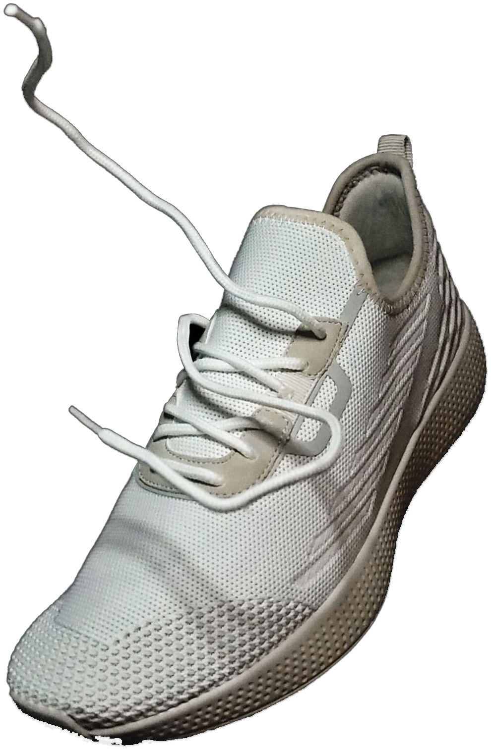 The Runner 02, a knit running shoe, coming down toe first with one lace flying