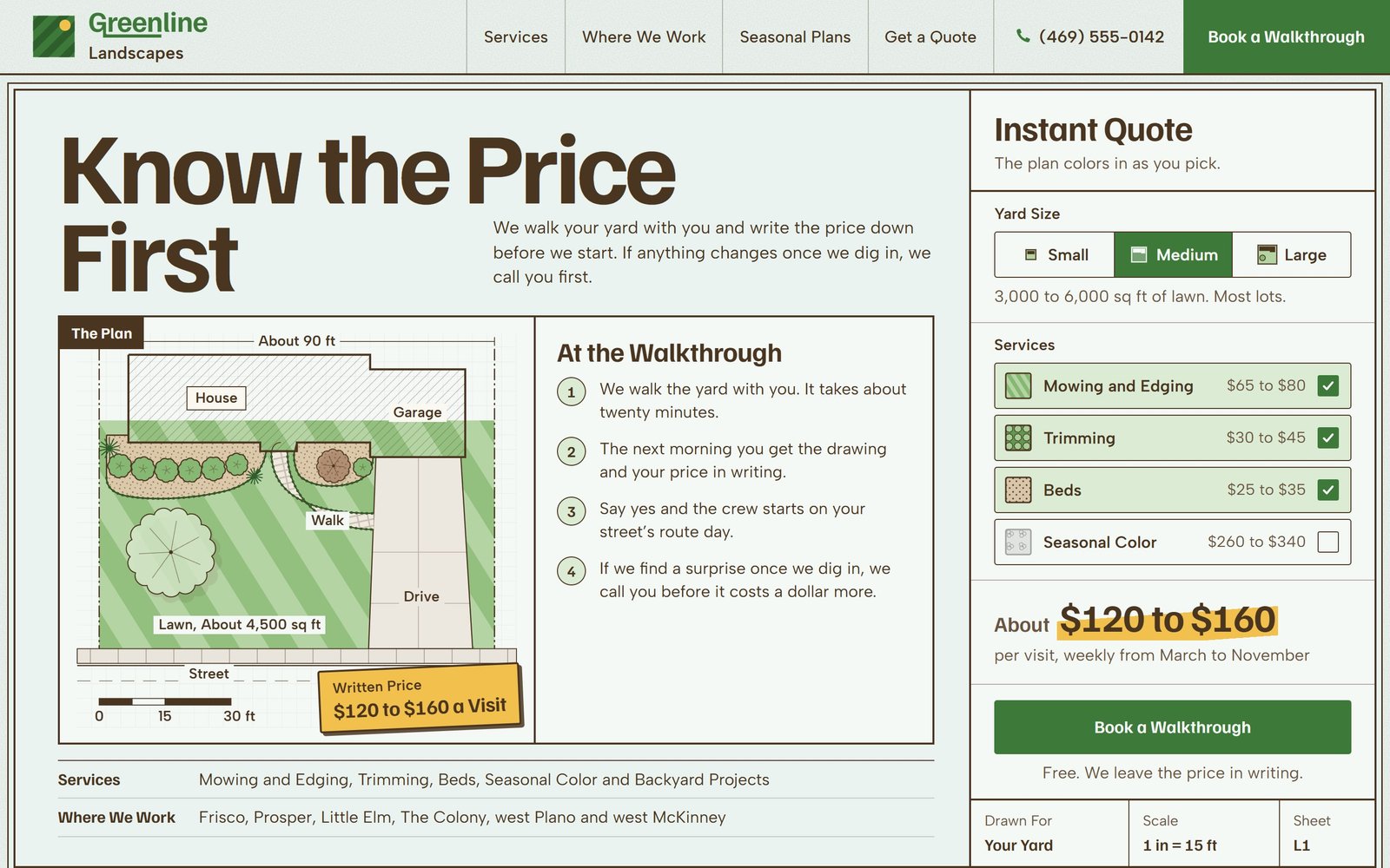 Greenline Landscapes, its home page leading with the drawn plan and the written price.