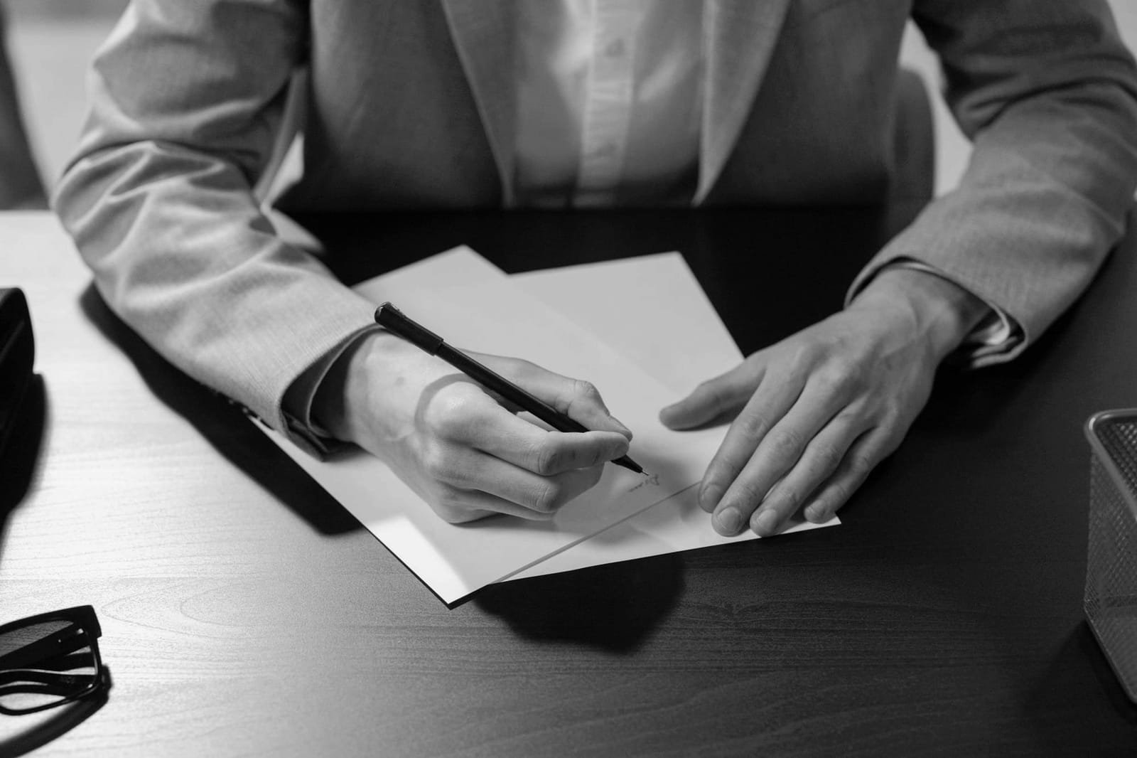 A client signing a fee letter at a desk