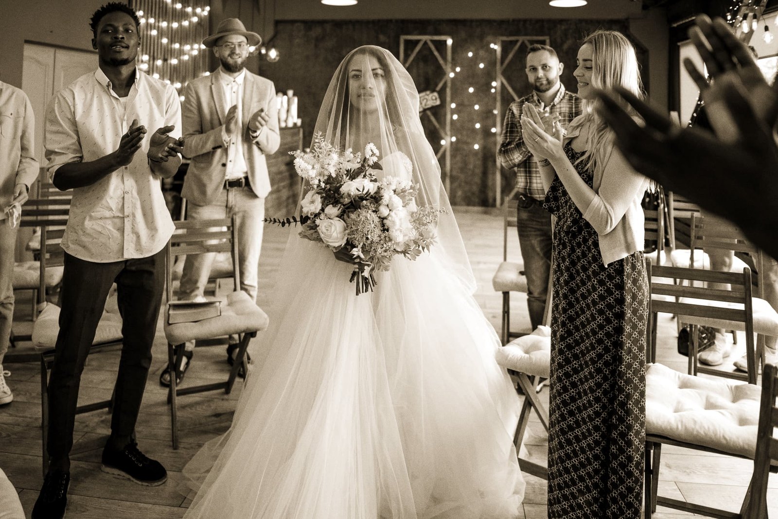 A bride walking up the aisle under her veil while guests stand and clap