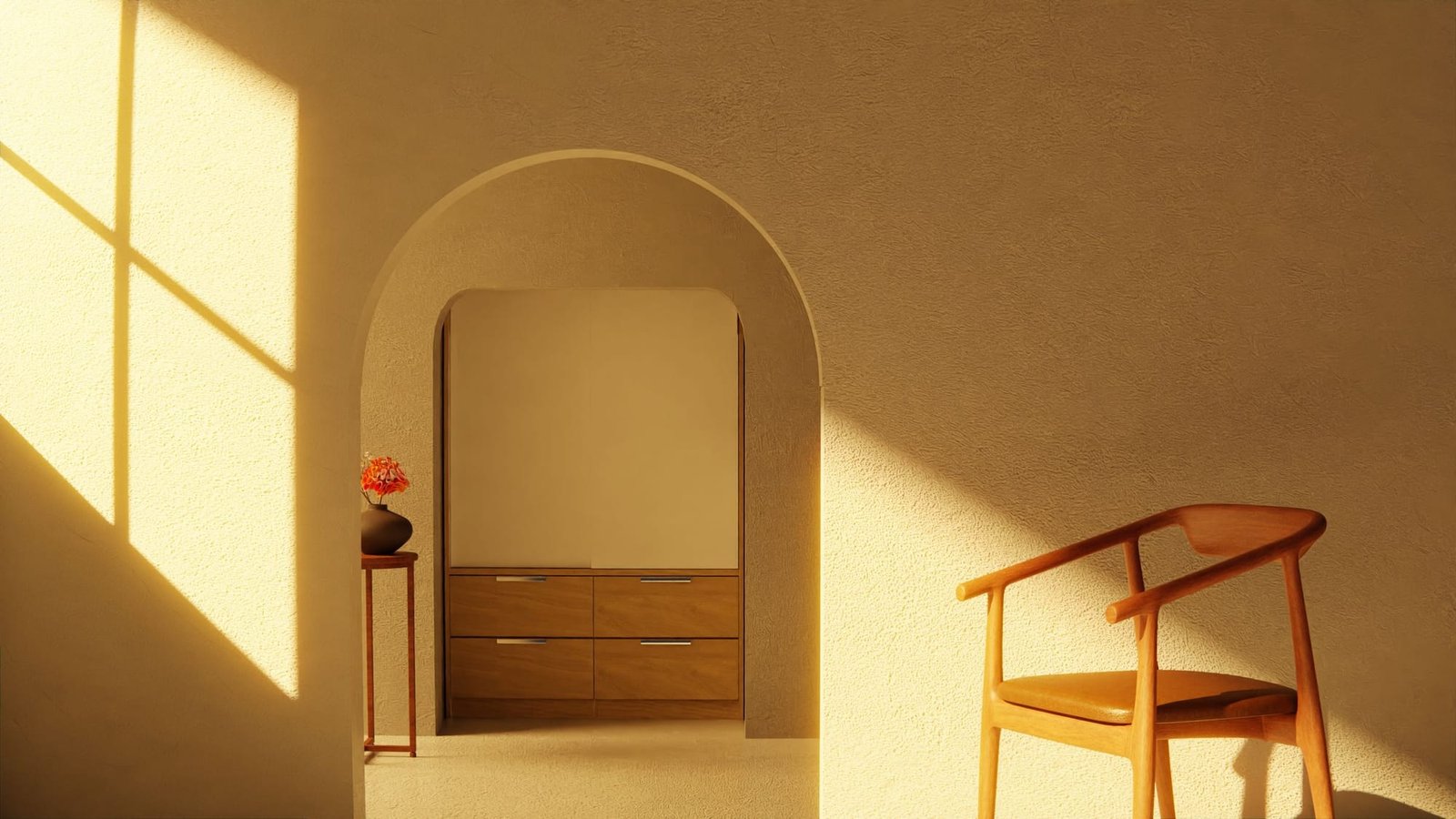 An empty room in late sun, an arched doorway and a wooden chair, window light across the wall